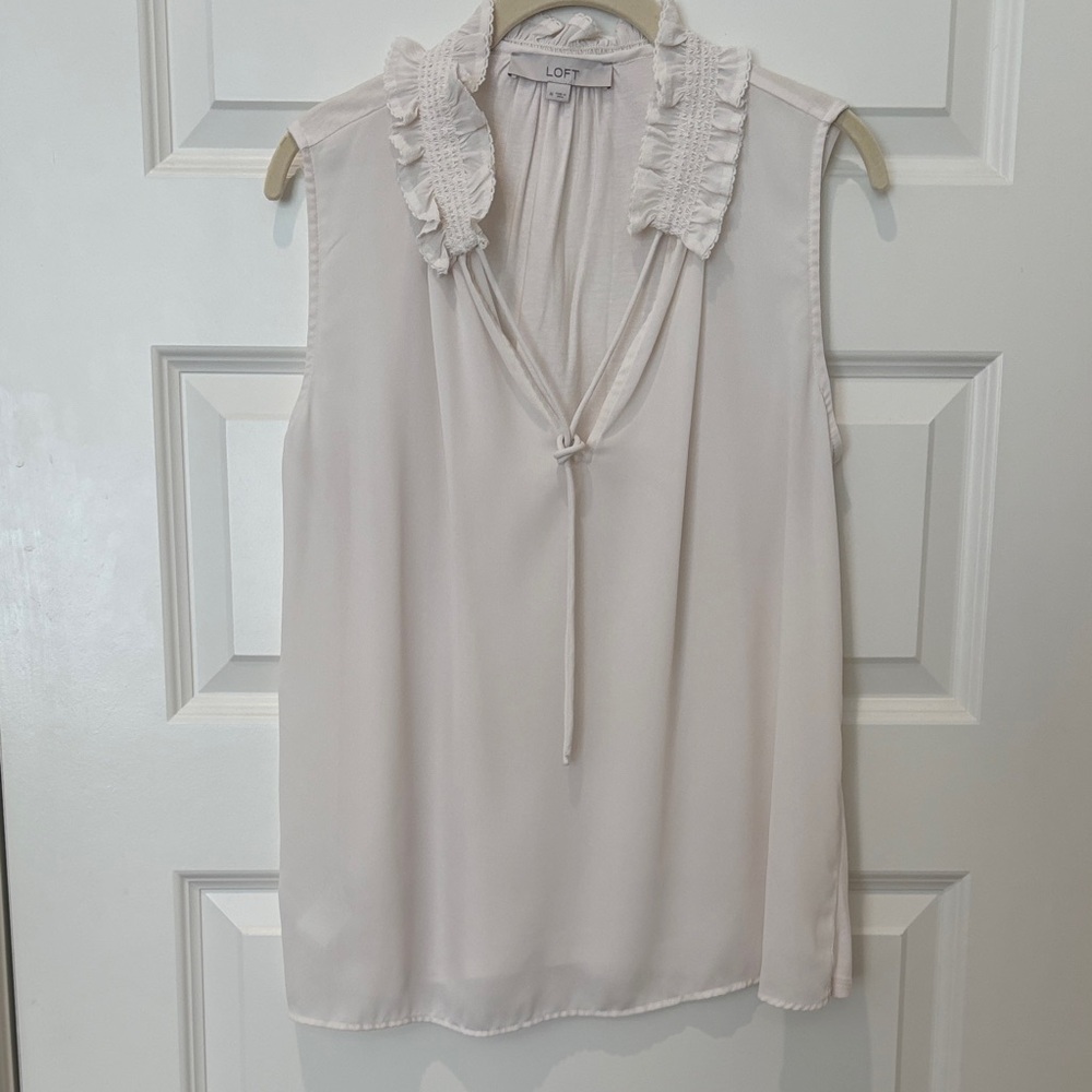 LOFT Women's Mixed Media Ivory Ruffle Neck Blouse